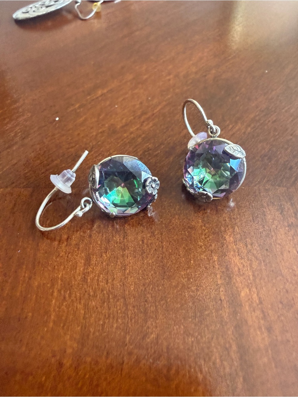 Silver-Tone Iridescent Crystal Drop Earrings - Green/Purple